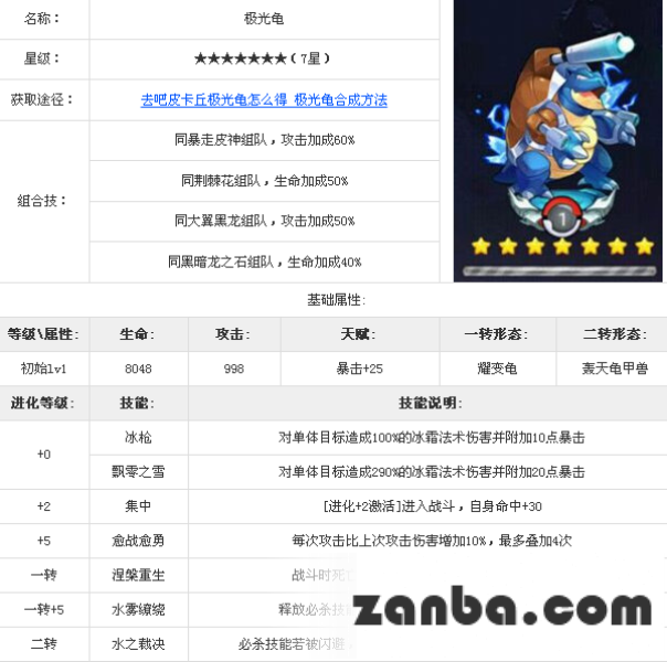去吧皮卡丘极光龟属性技能数据表